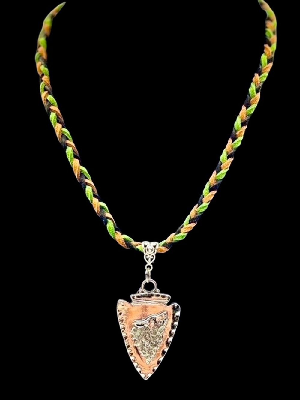 Handmade Braided Suede Wolf Arrowhead Pendant Necklace